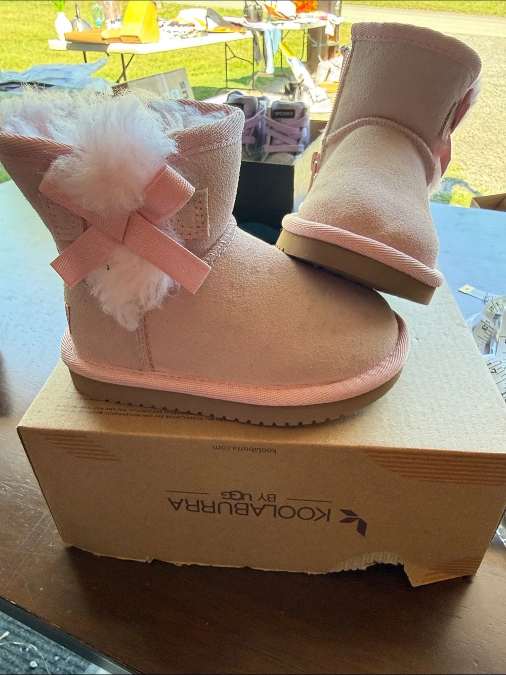 Koolaburra Kids Pink Faux Fur Bow Booties